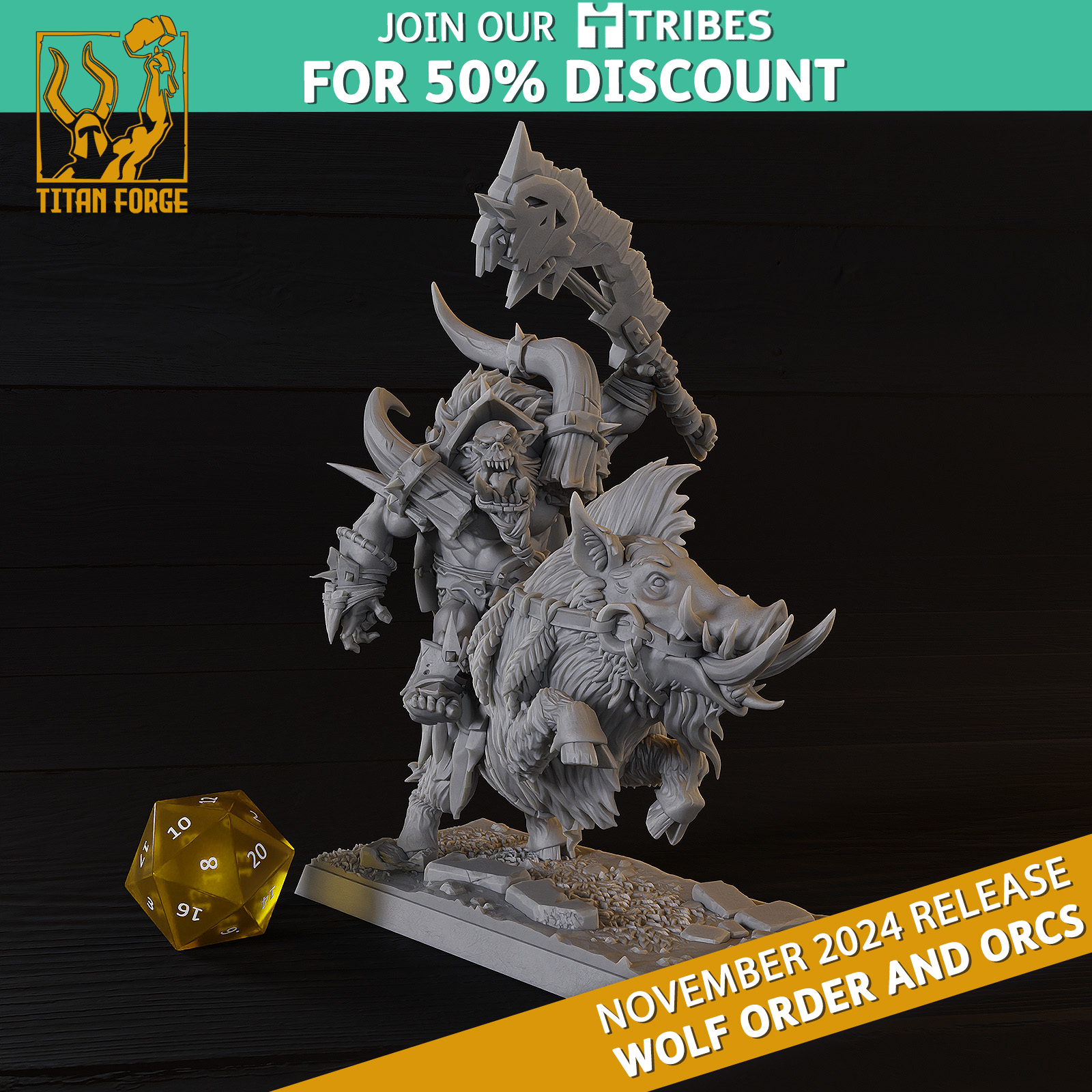 Orc Warlord on Boar - Wolf Order and Orcs - Titan Forge Miniatures November 2024